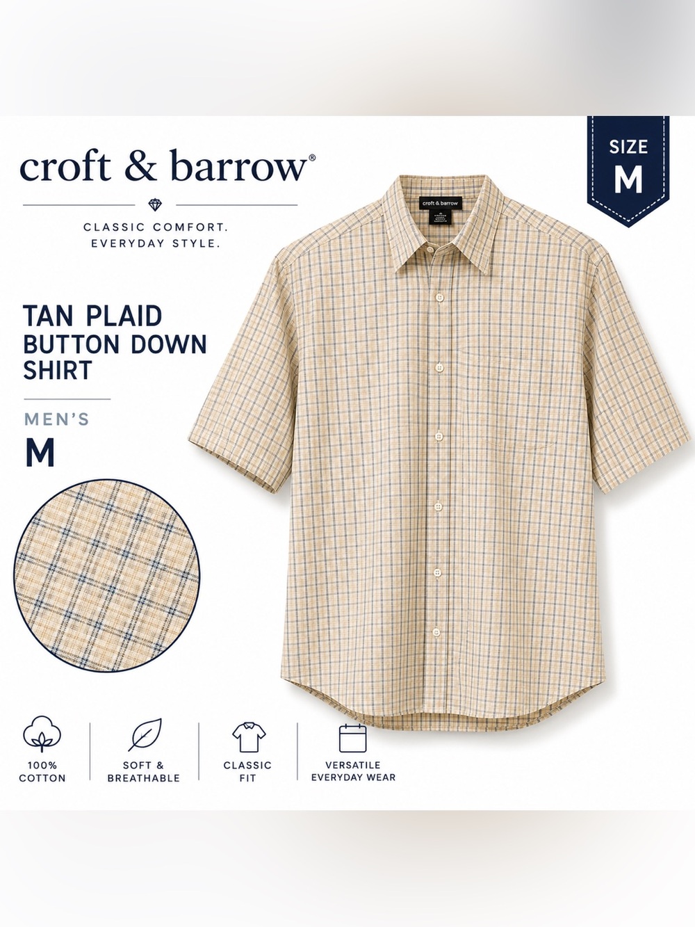 Croft & Barrow Men's Tan Plaid Button Down Shirt 100% Cotton